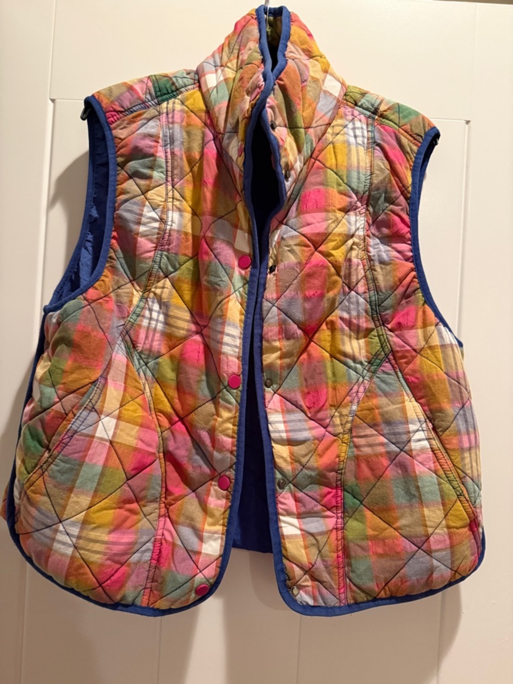 BiBi Multicolor Plaid Quilted Vest with Blue Trim